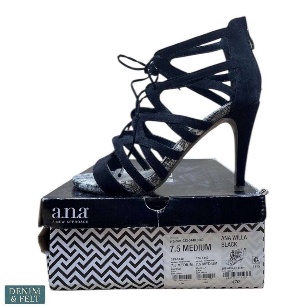 a.n.a Willa Black Strappy Lace Up Heels Snakeskin Detail Women’s 7.5M